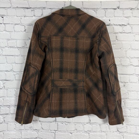 Ruff Hewn Full Zip Jacket Wool Blend Elbow Patch Womens L Brown Plaid Zip Pocket - Picture 10 of 13
